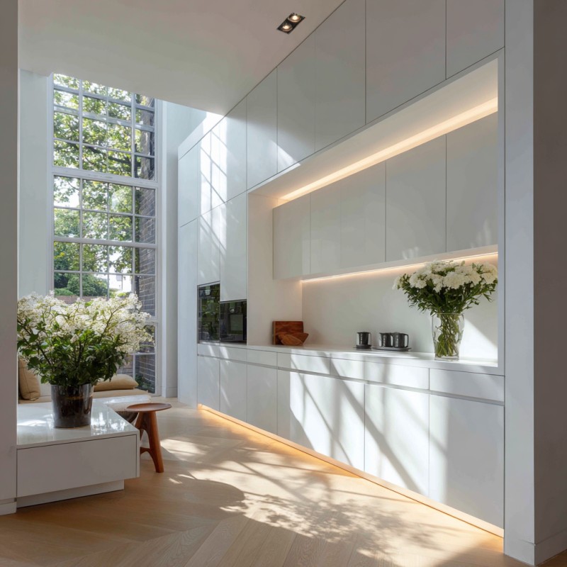 Gabinetes de cocina integrados minimalistas sin tiradores